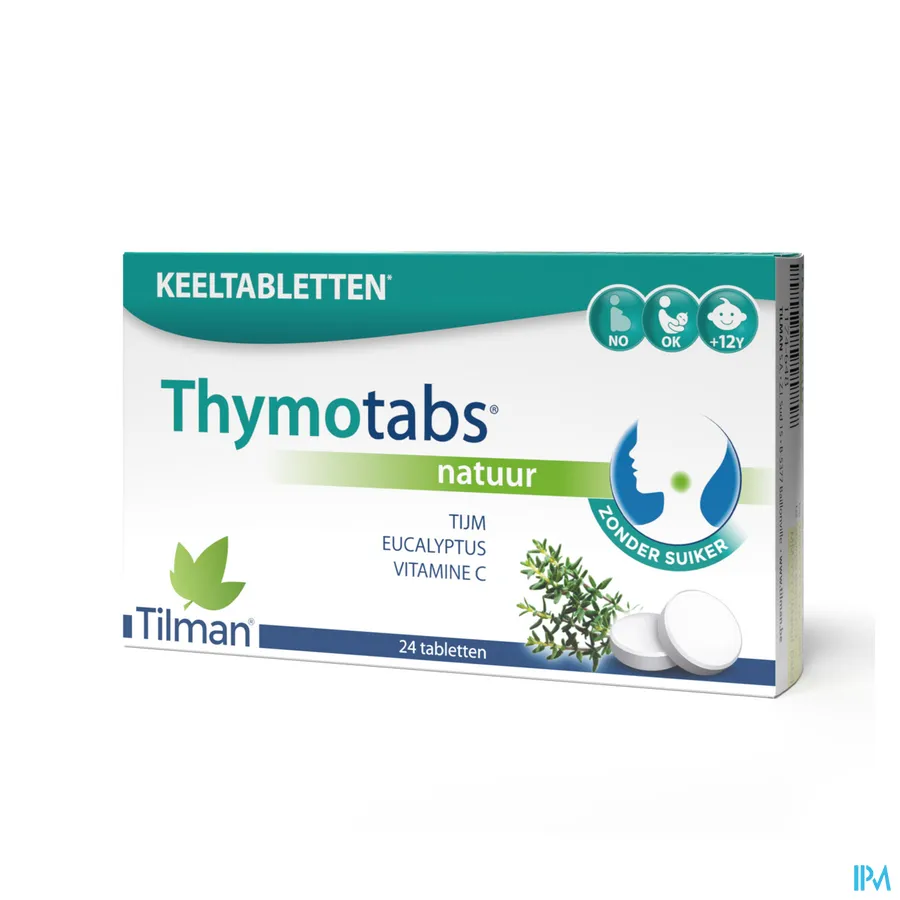 packshot van Thymotabs Natuur met Tijm en Eucalyptus en Vitamine C voor Keel Zonder Suiker 24 Zuigtabletten