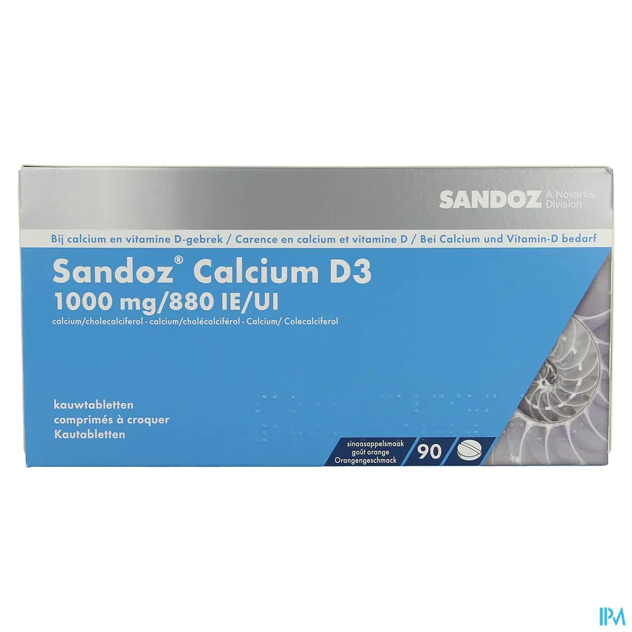 packshot van Sandoz met 1000 mg Calcium en 880 IE Vitamine D3 90 Kauwtabletten