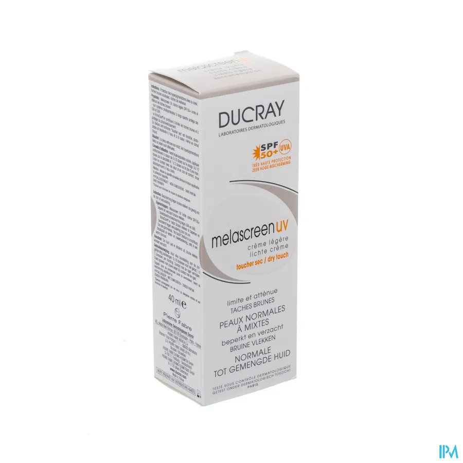packshot van Ducray Melascreen Lichte Crème met SPF 50+ die Bruine Vlekken Beperkt en Verzacht voor Normale tot Gemengde Huid Pompflacon 40 ml