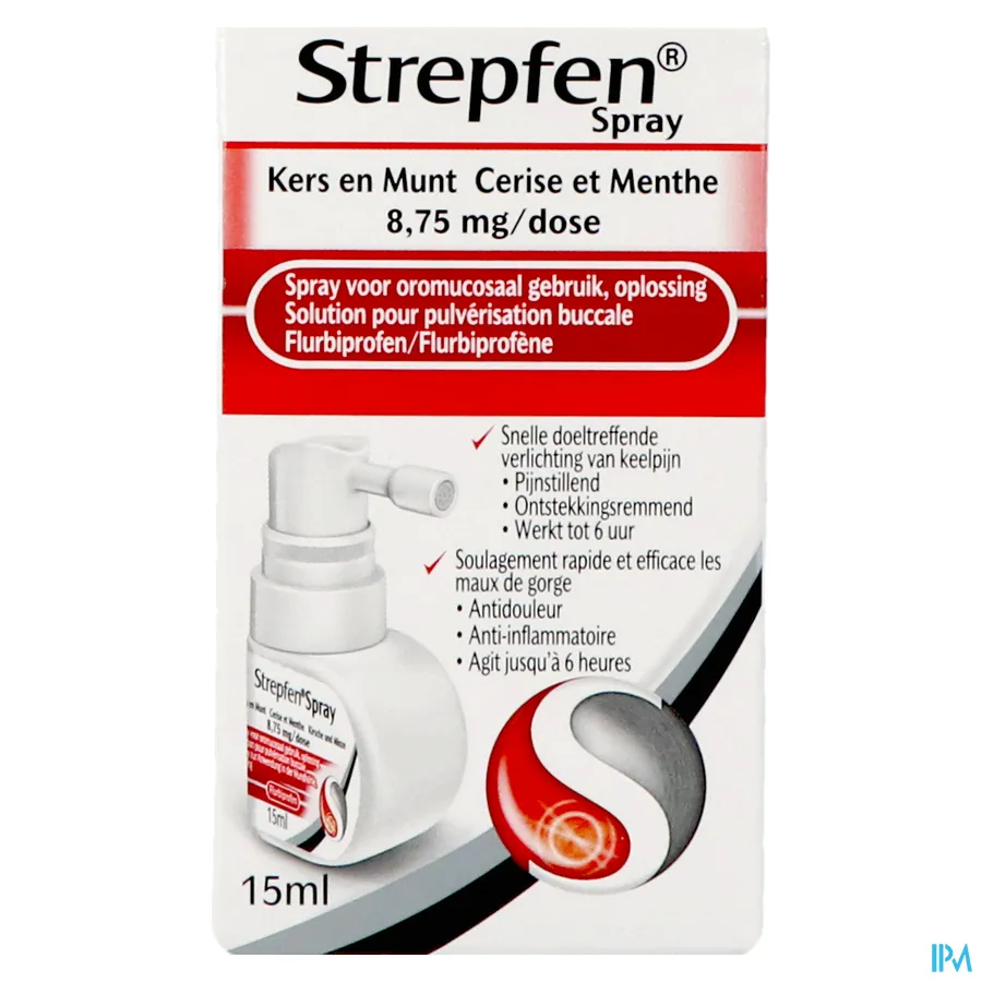 packshot van Strepfen Spray voor Oromucosaal Gebruik voor Snelle en Doeltreffende Verlichting van Keelpijn 15 ml
