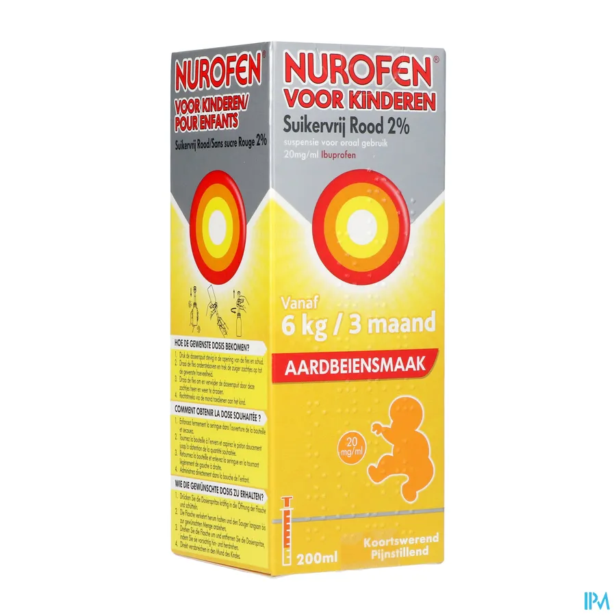 packshot van Nurofen Kind Suikervrije Siroop 2 % Aardbeiensmaak 200 ml