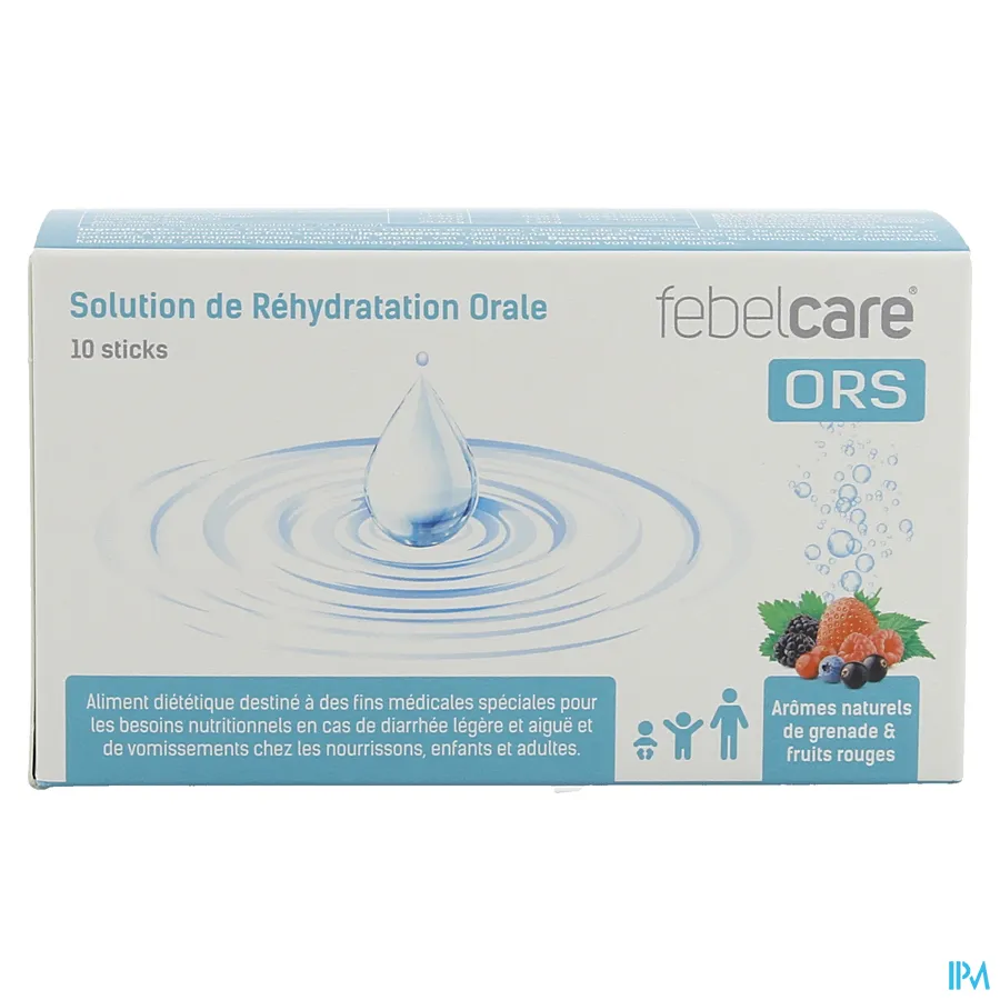 packshot van Febelcare ORS Orale Rehydratatieoplossing met Natuurlijke Aroma's van Granaatappel en Rood Fruit 10 Sticks