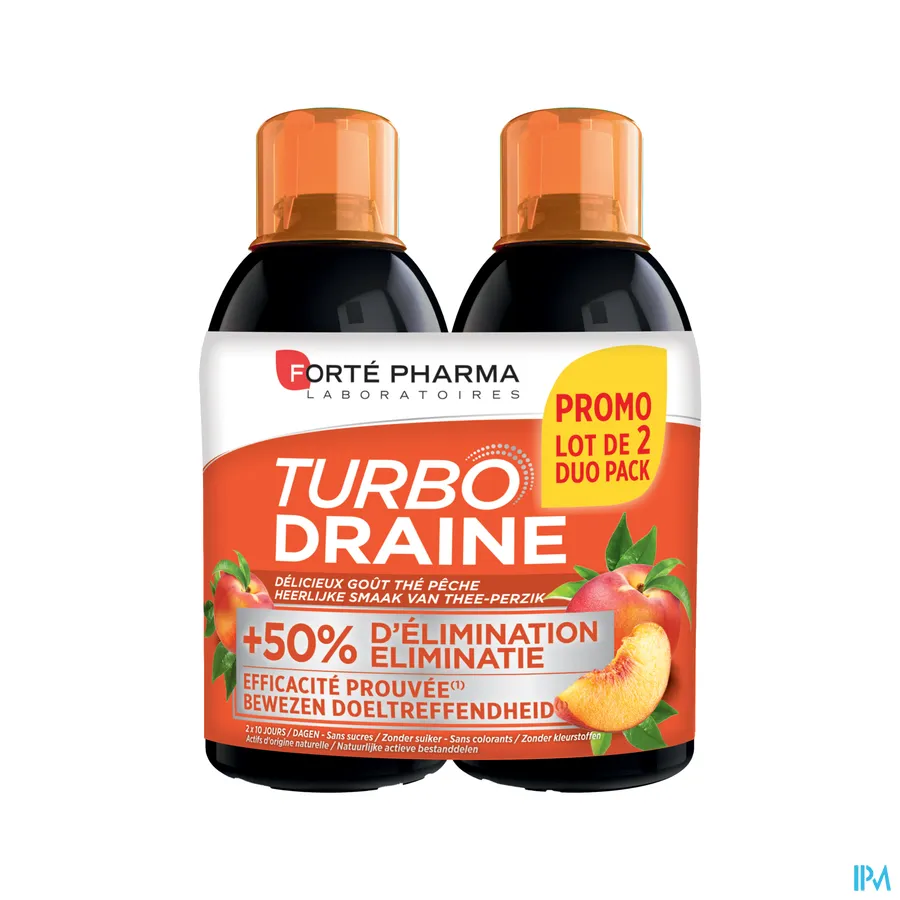 packshot van Forté Pharma Turbo Draine Helpt met Draineren en Zuiveren door Moerasspirea met Abrikozensmaak Promo Duopack 2 x 500 ml