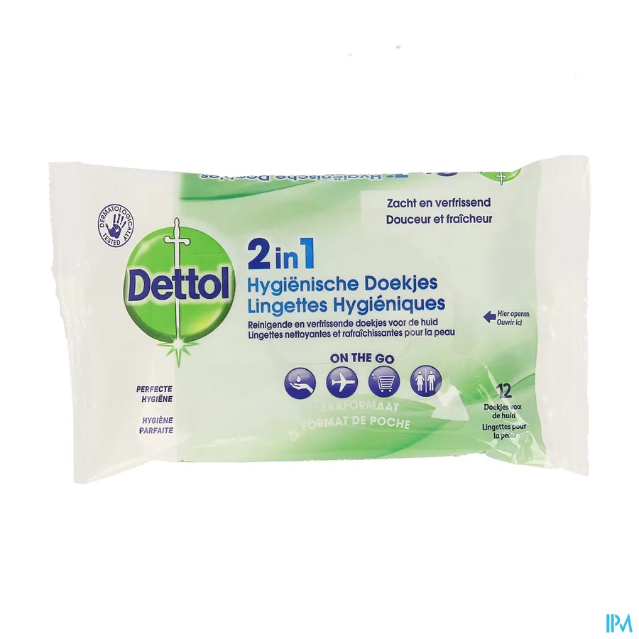 packshot van Dettol 2-in-1 Hygiënische Doekjes 12 stuks