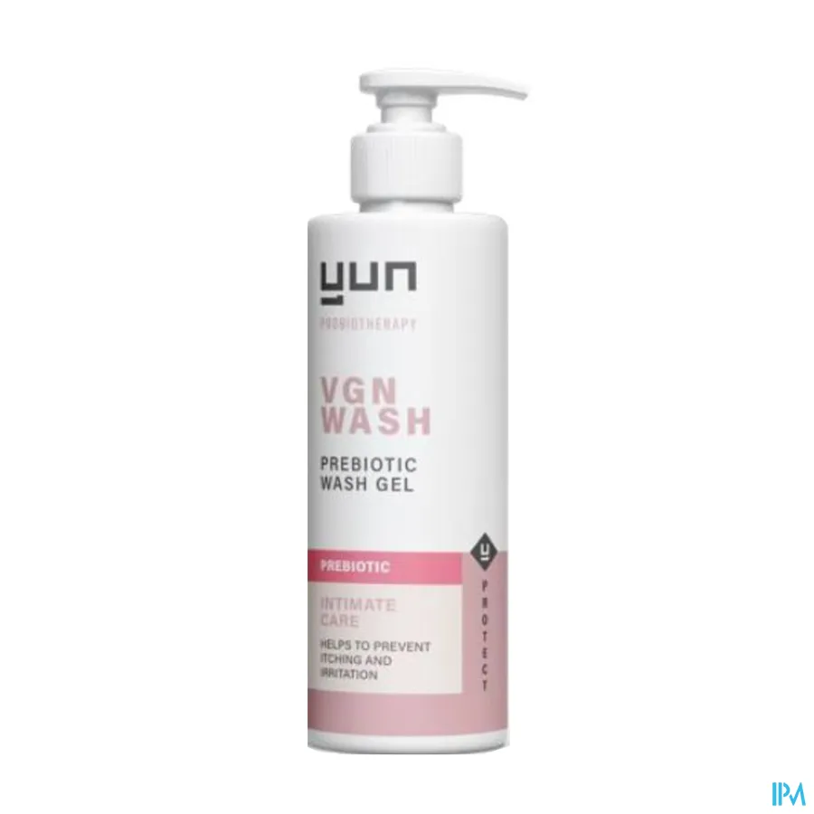 productshot van Yun VGN Wash Prebiotic -Prebiotica Wasgel voor Intieme Zone Gevoelig voor Vaginale Infecties- Helpt Jeuk en Irritatie te Voorkomen- Pompflacon 150 ml