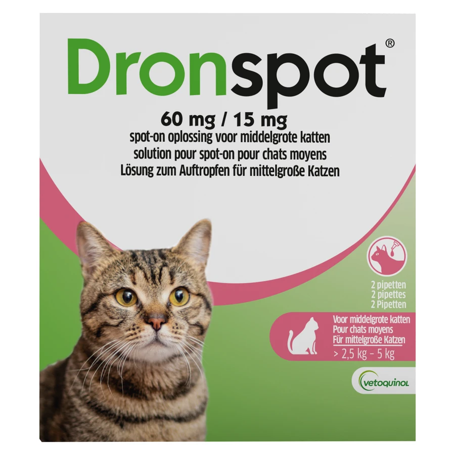 packshot van Dronspot 60 mg/15 mg Spot-on Kat >2,5-5 kg 2 stuks