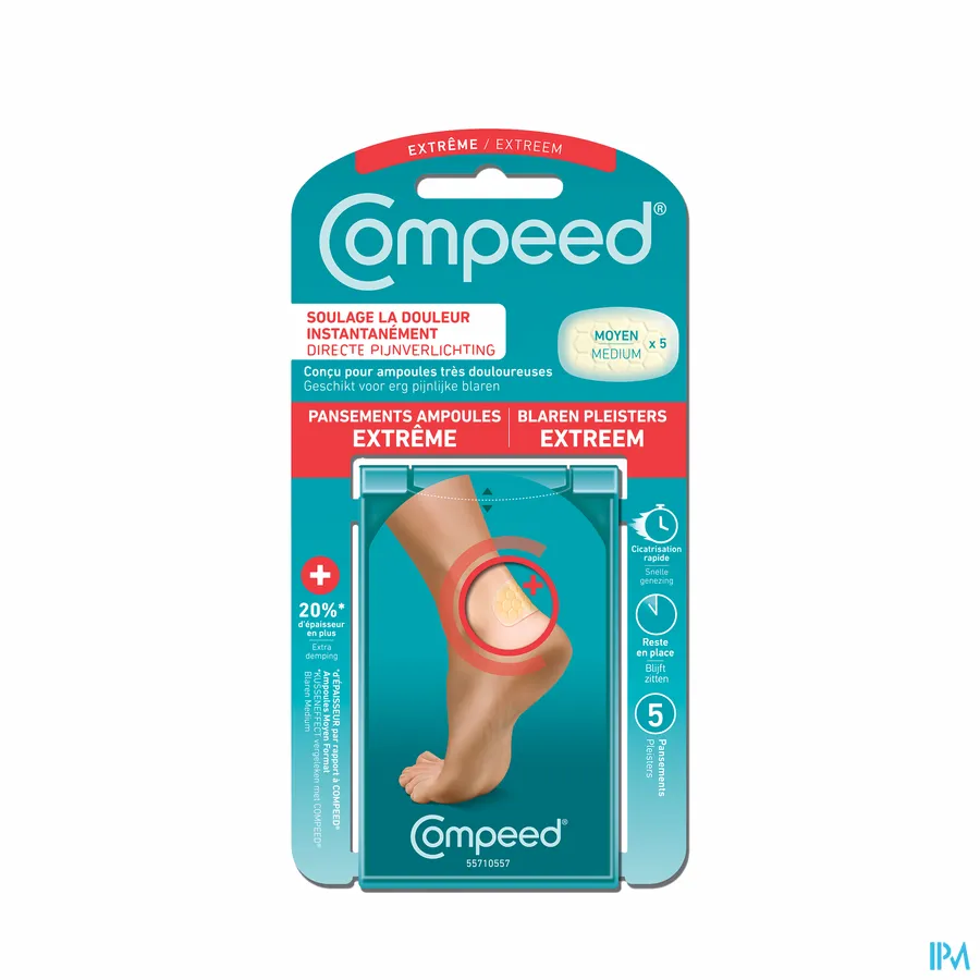 packshot van Compeed Extreem Hiel Blarenpleister voor Extra Bescherming, Directe Pijnverlichting en Snelle Genezing 5 Stuks