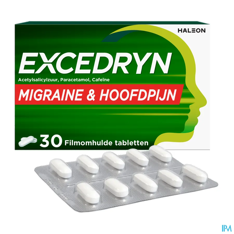 packshot van Excedryn voor Acute Behandeling van Migraineaanvallen met of zonder Aura en Hoofdpijn 30Tabletten