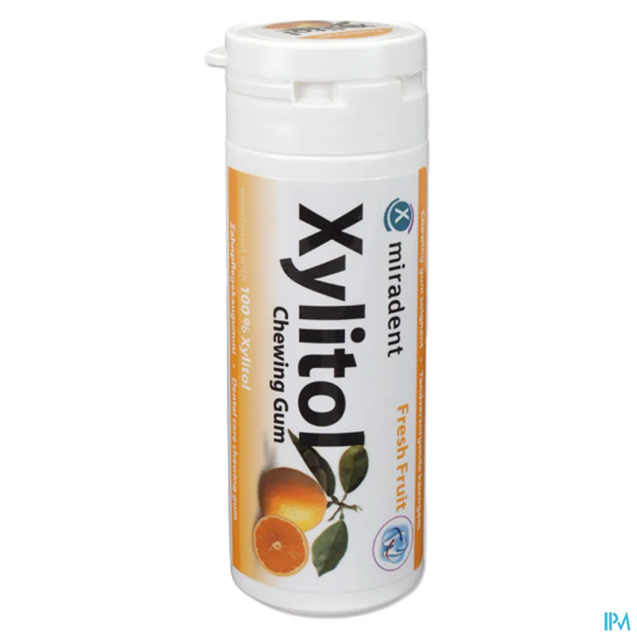 packshot van Miradent Kauwgom Xylitol Fruit 30 stuks