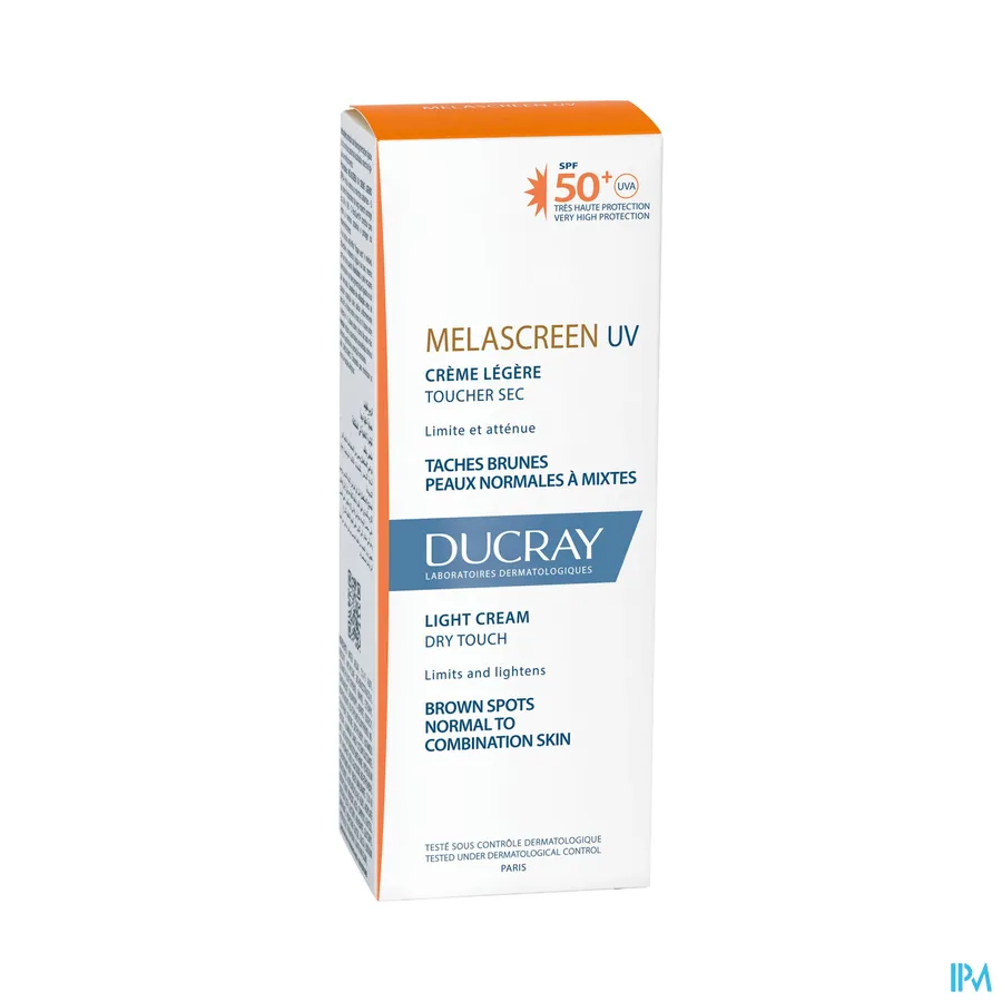 packshot van Ducray Melascreen Lichte Crème met SPF 50+ die Bruine Vlekken Beperkt en Verzacht voor Normale tot Gemengde Huid Pompflacon 40 ml