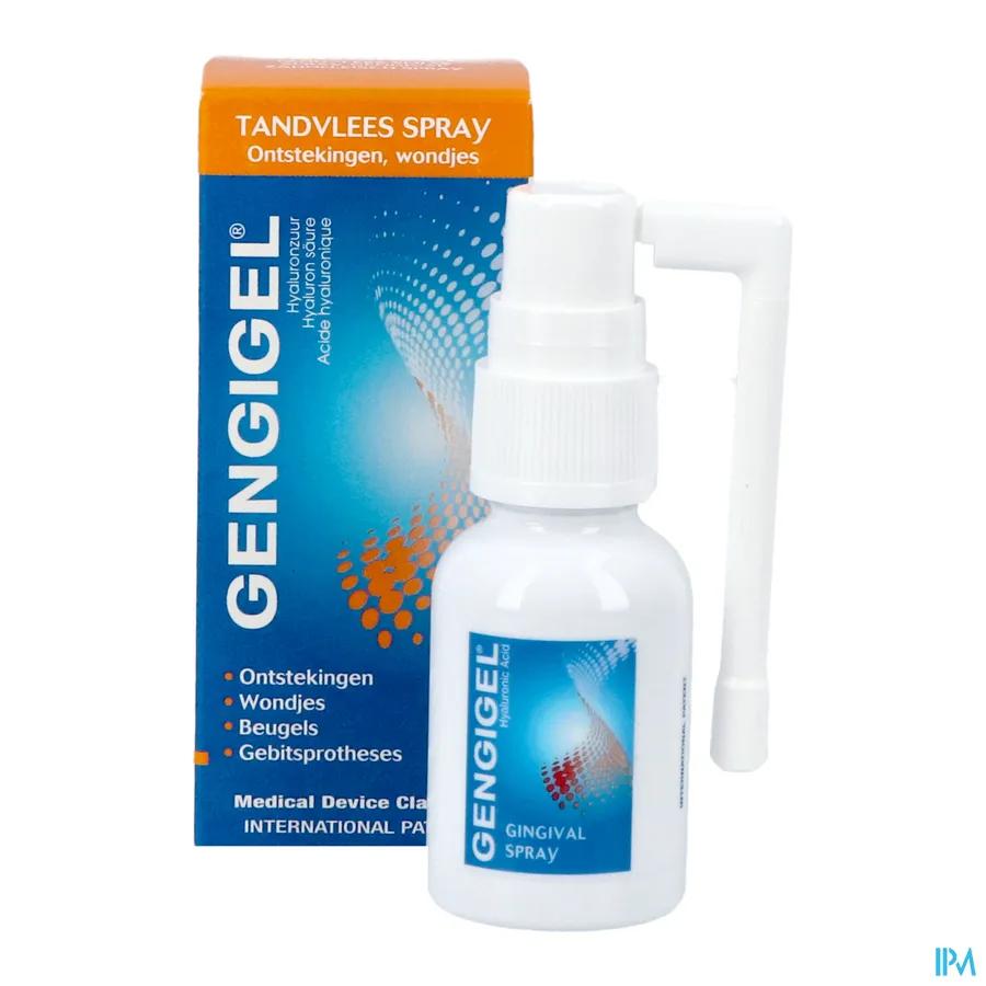 productshot van Gengigel Tandvlees Spray met Hyaluronzuur bij Ontstekingen, Wondjes, Beugels en Gebitsprotheses 20 ml