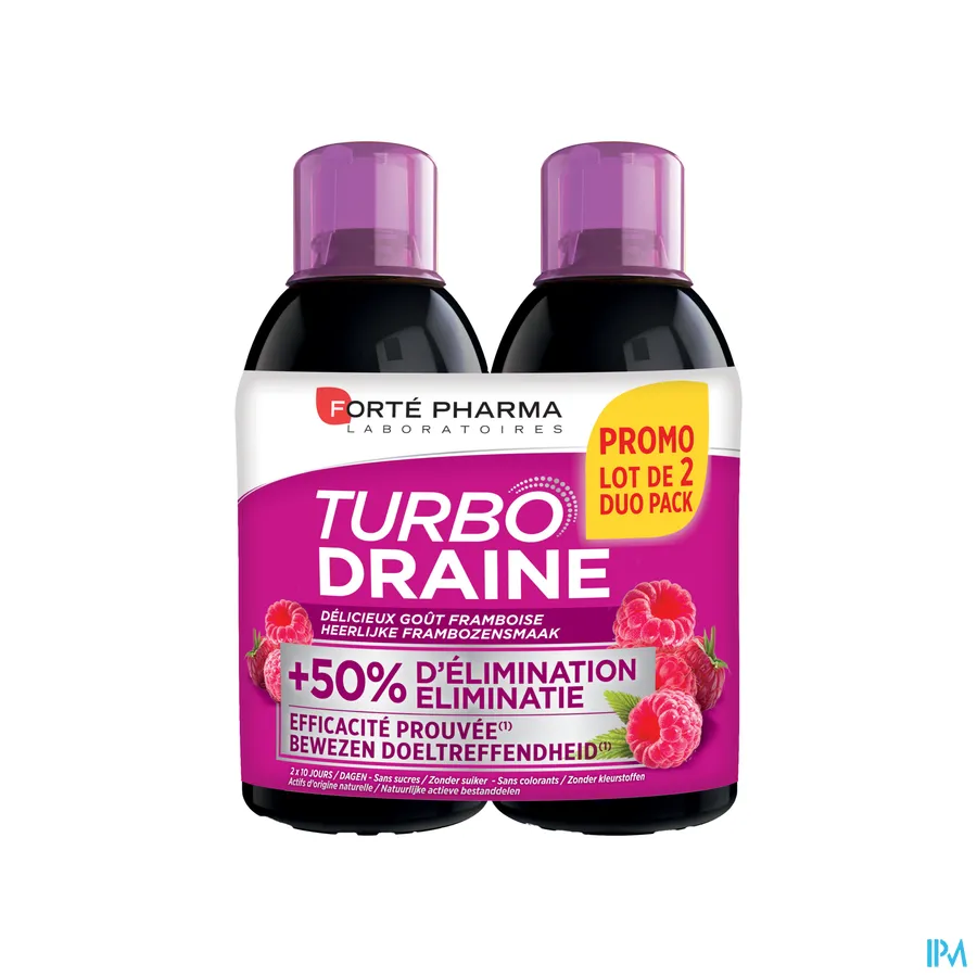packshot van Forté Pharma Turbo Draine Helpt met Draineren en Zuiveren door Moerasspirea met Frambozensmaak Promo Duopack 2 x 500 ml
