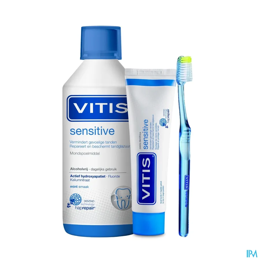 productshot van Vitis Sensitive Tandpasta voor Vermindering van Gevoelige Tanden en Reparatie en Bescherming van Tandglazuur 75 ml