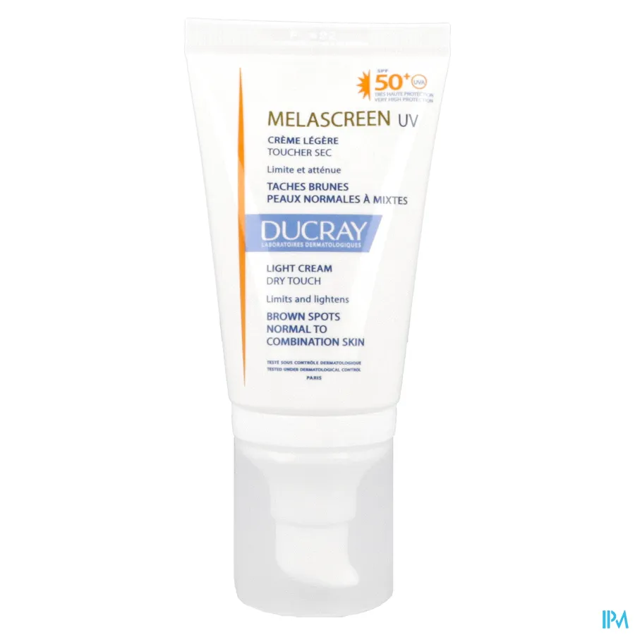packshot van Ducray Melascreen Lichte Crème met SPF 50+ die Bruine Vlekken Beperkt en Verzacht voor Normale tot Gemengde Huid Pompflacon 40 ml