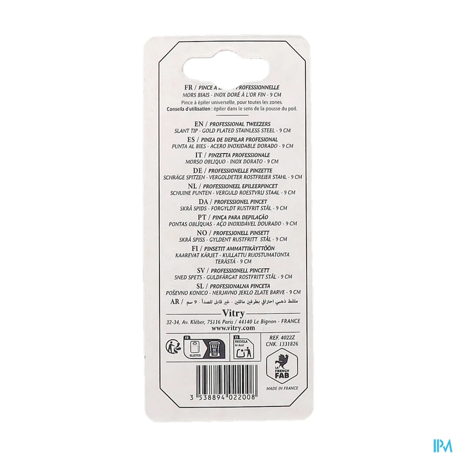 packshot van Vitry Epileerpincet met Schuine Top in Inox Verguld