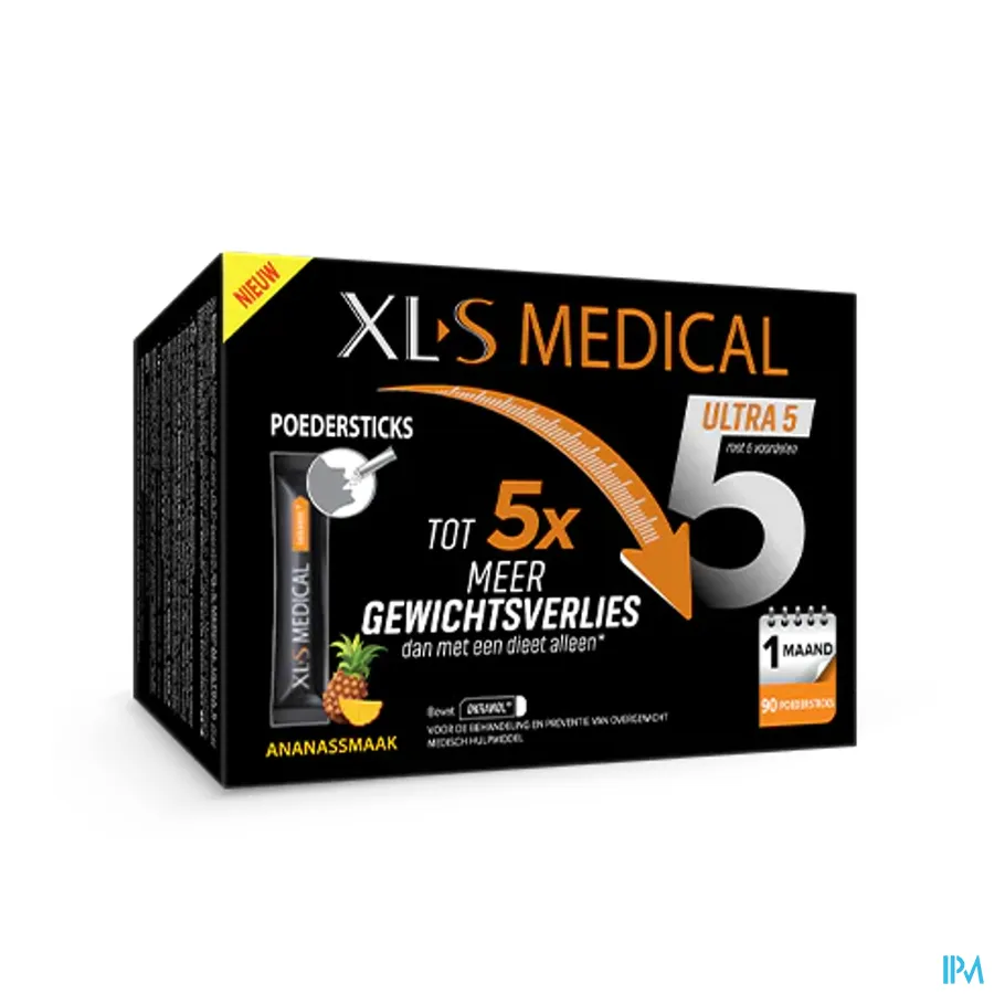 packshot van XLS Medical Ultra 5 voor Efficiënt en Gezond Gewichtsverlies 90 Poedersticks met Ananassmaak