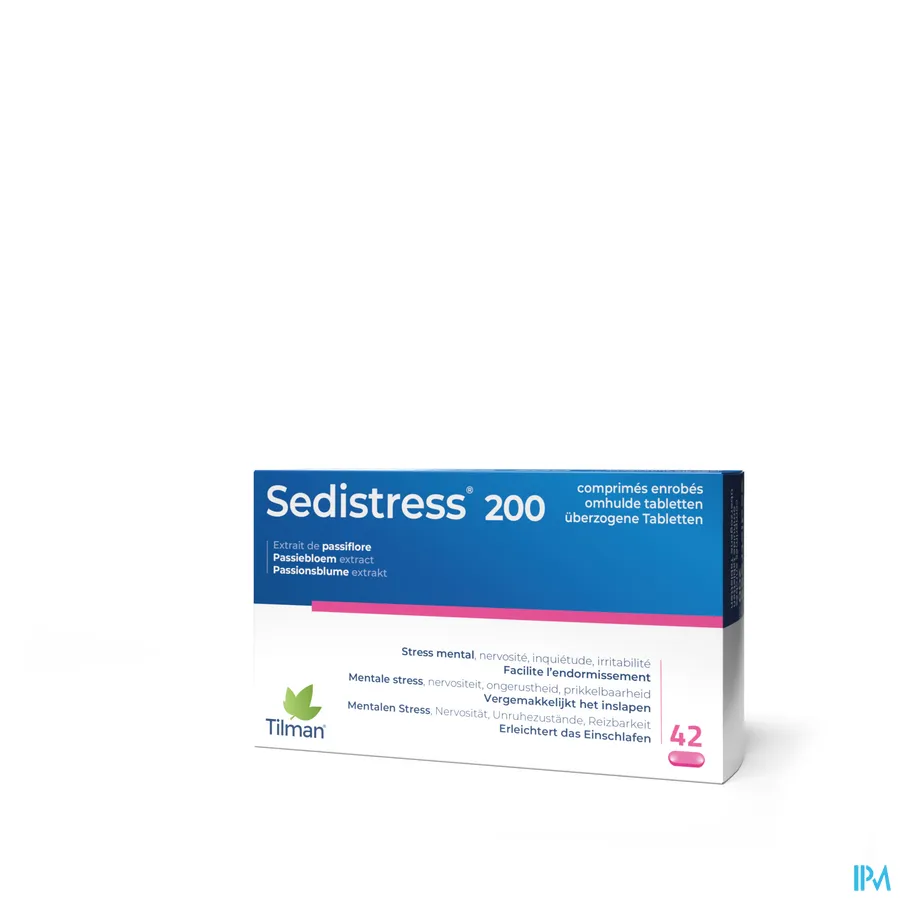 packshot van Sedistress 200 tegen Mentale Stress en Helpt bij Inslapen met Passiebloemextract 42 Tabletten