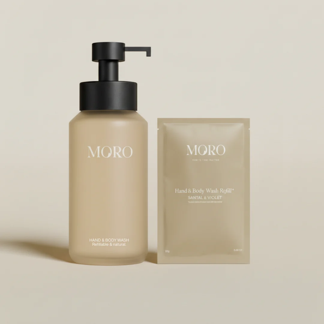 Moro Hand & Body Wash Starterkit | Santal & Violet | Soft sand bottle 250ml + 1 refill 50g