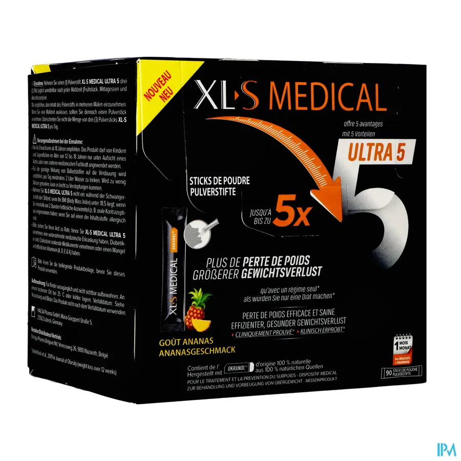 packshot van XLS Medical Ultra 5 voor Efficiënt en Gezond Gewichtsverlies 90 Poedersticks met Ananassmaak