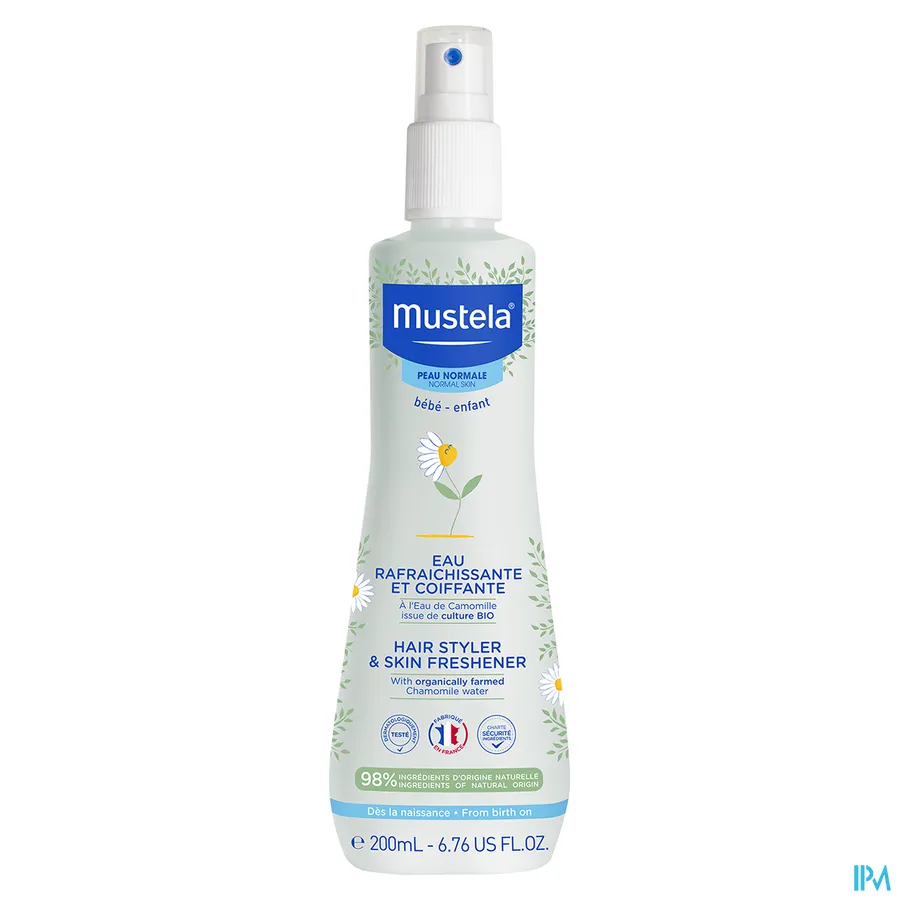 packshot van Mustela Baby en Kind Verfrissend Water voor Haar en Lichaam voor Normale Huid 200 ml