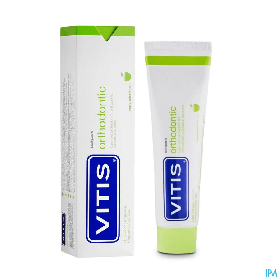 productshot van Vitis Orthodontic Tandpasta voor Verzorging en Bescherming tijdens Orthodontische Behandelingen met Appel-Mint Smaak 75 ml