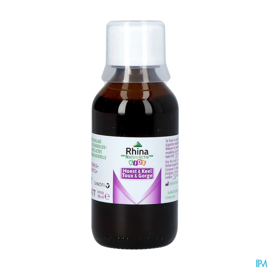 packshot van Rhina NaturActiv Kids 'Hoest en Keel' voor Kinderen vanaf 2 Jaar met Aardbei- en Framboossmaak Siroop 100 ml
