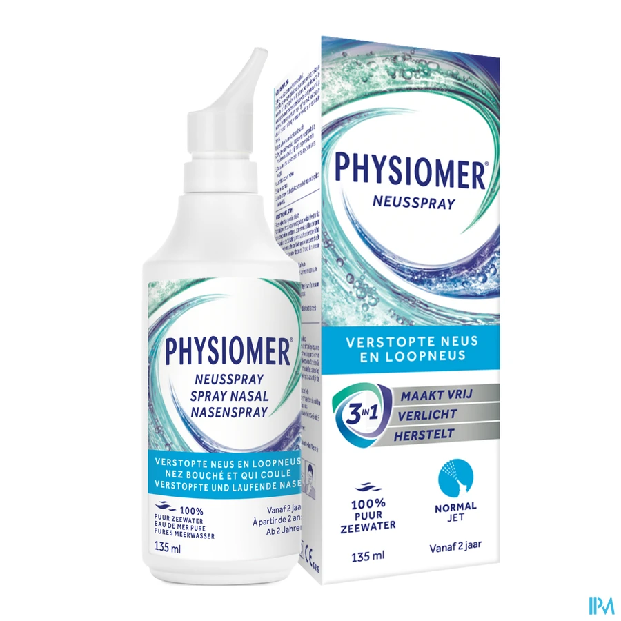 productshot van Physiomer Normal Jet Fysiologische Neusspray voor Dynamische Reiniging van de Neusholtes 135 ml