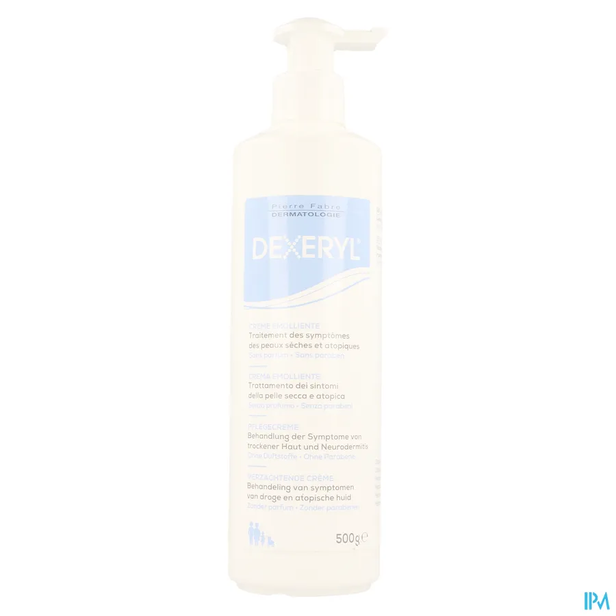 packshot van Dexeryl Verzachtende Crème voor Behandeling van Symptomen van Droge en Atopische Huid - Zonder Parfum en Zonder Parabenen - Pompflacon 500 g