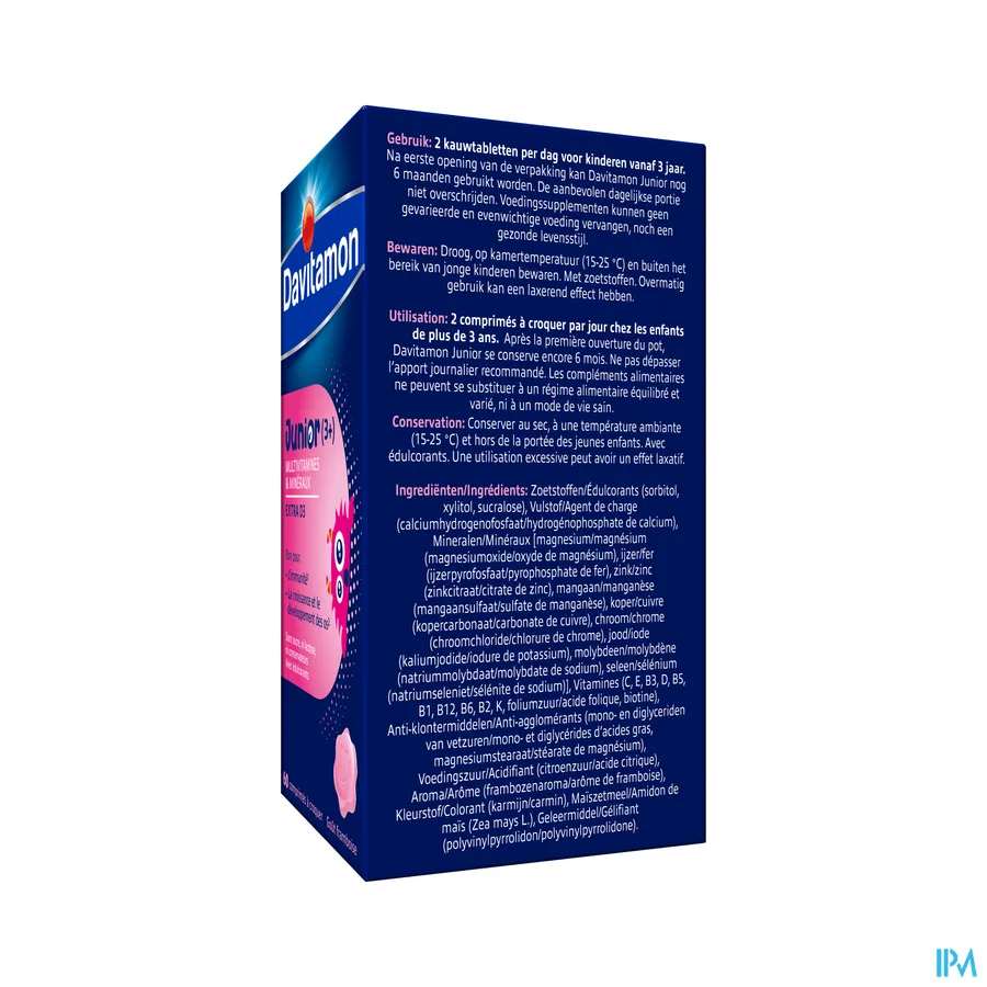 packshot van Davitamon Junior (3+) Multivitamines en Mineralen 60 Kauwtabletten met Frambozensmaak