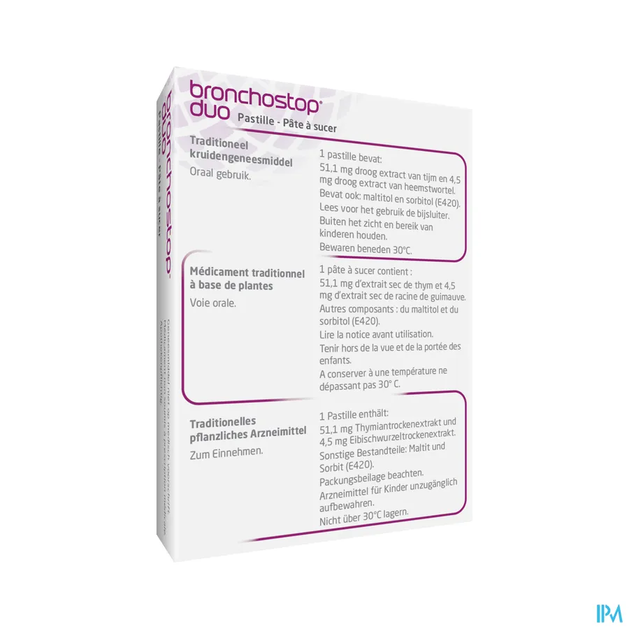 packshot van Bronchostop Duo met Droog Extract van Tijm en Heemstwortel met Dubbele Werking voor Verlichting van Slijmhoest en Droge Hoest 20 Zuigtabletten