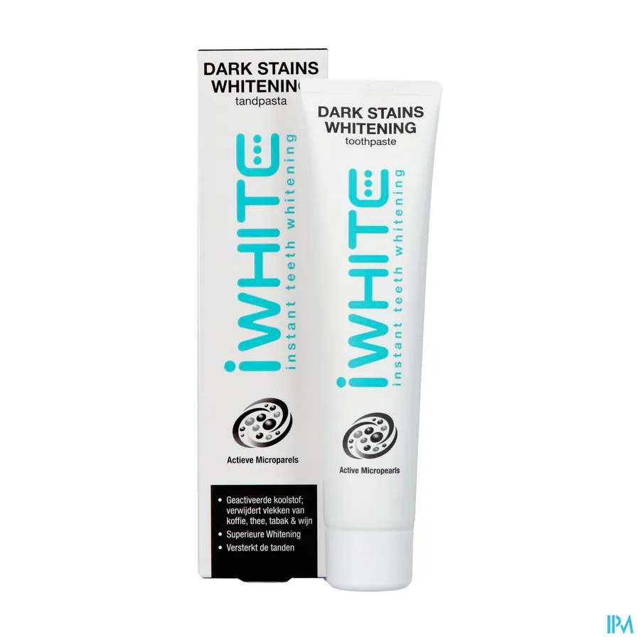 productshot van I White Dark Stains Whitening Tandpasta met Actieve Mircroparels met Geactiveerde Kool voor Verwijdering van Vlekken van Koffie, Thee, Tabak en Wijn Tube 75 ml