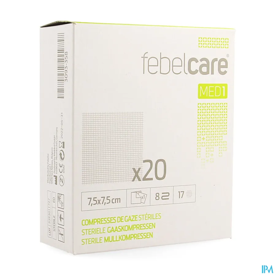 packshot van Febelcare Gaaskompres Steriel 7,5 x 7,5 cm 20 stuks
