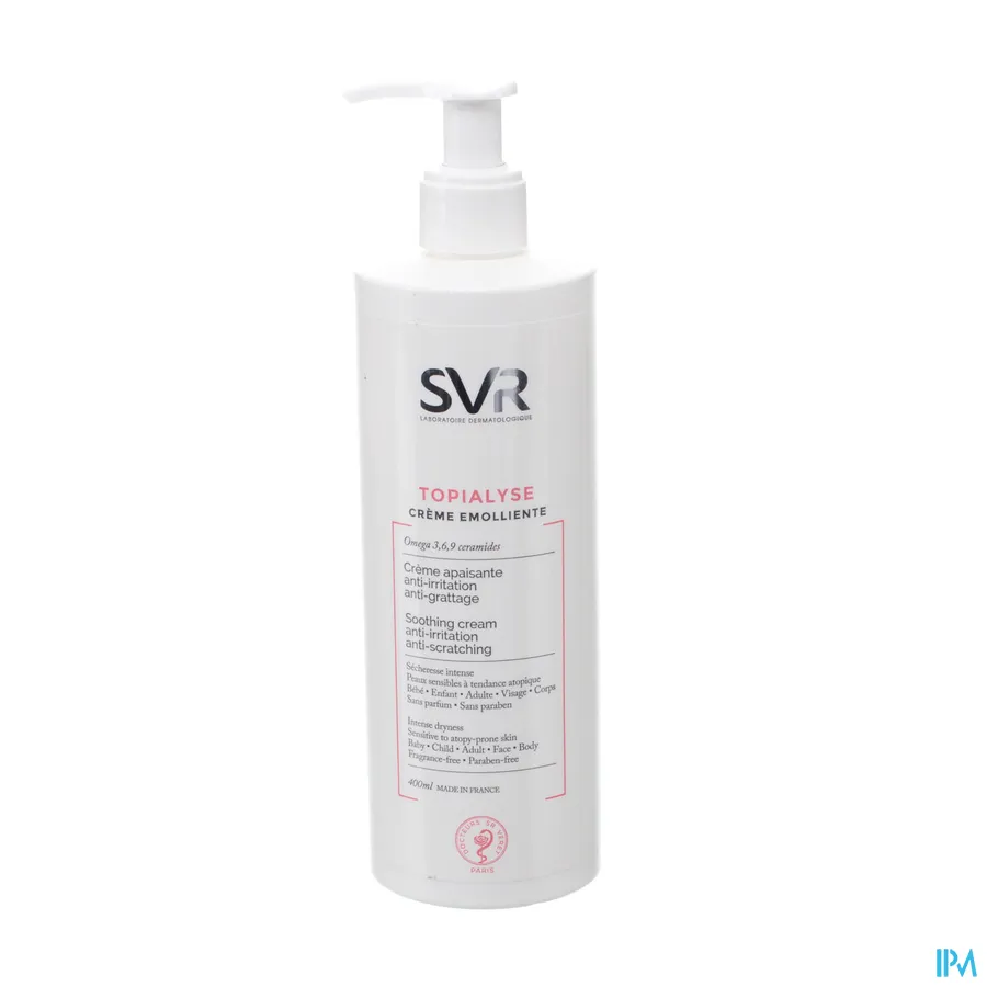 packshot van SVR Topialyse Zachte Kalmerende Crème voor Droge Gevoelige tot Atopische Huid voor Gelaat en Lichaam Pompflacon 400 ml