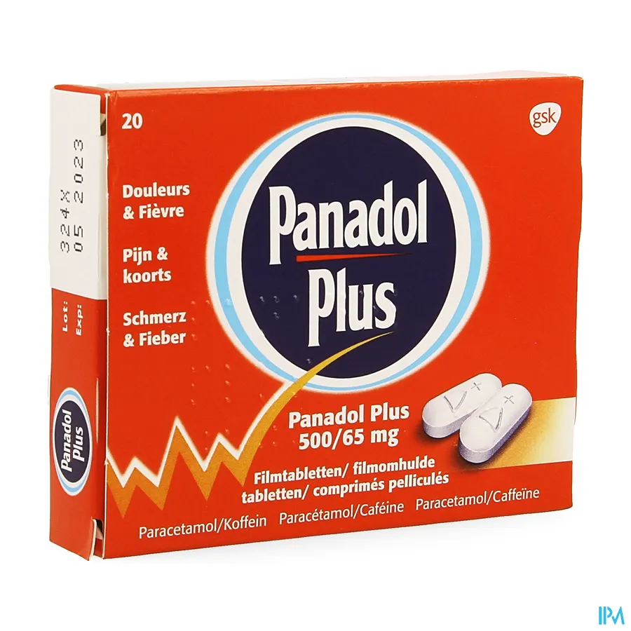 packshot van Panadol Plus bij Pijn en Koorts met 500 mg Paracetamol en 65 mg Caffeïne 20 Tabletten