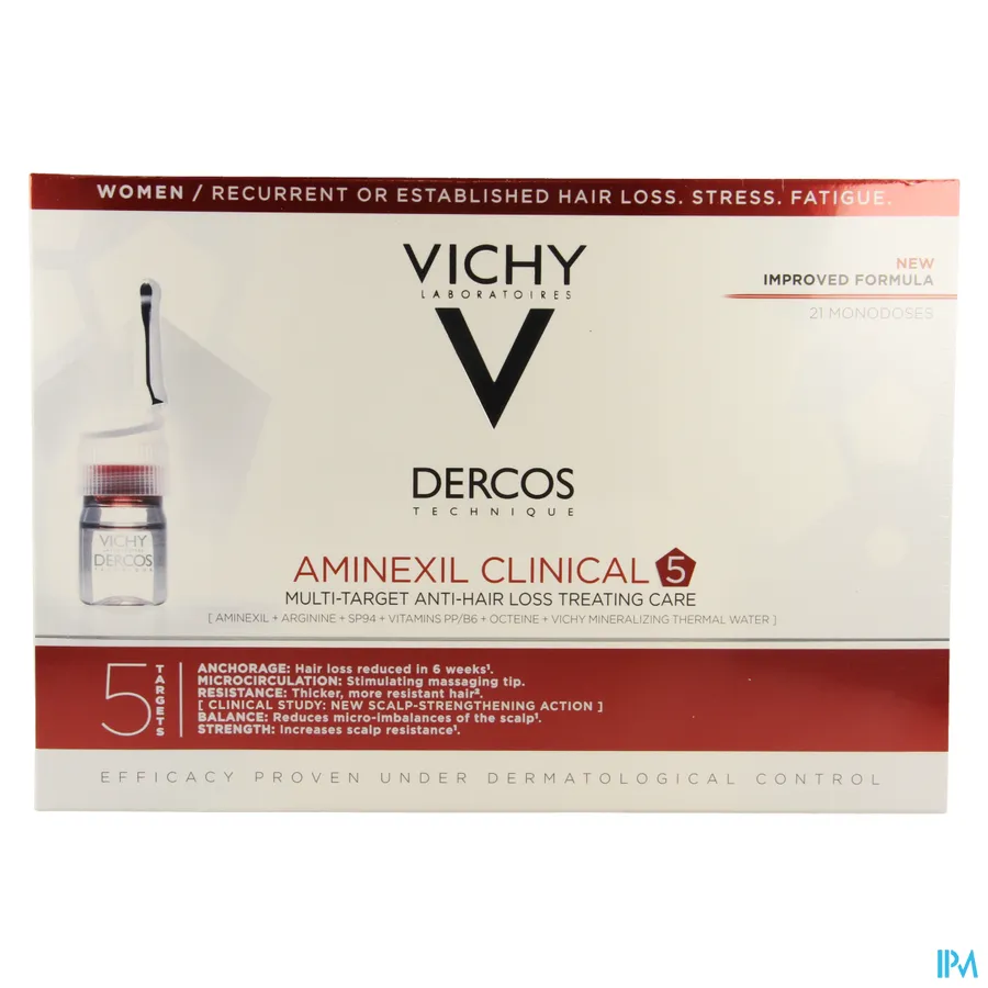 packshot van Vichy Dercos Aminexil Clinical 5 Vrouwen 21 ampullen