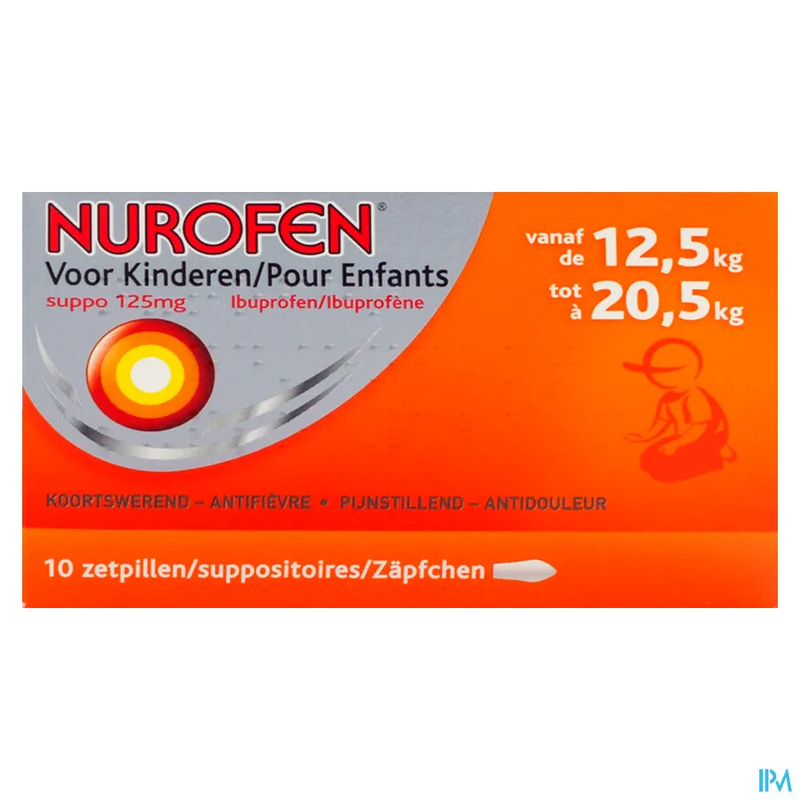 packshot van Nurofen 125 mg Suppo voor Kinderen van 12,5 tot 20,5 kg 10 Zetpillen