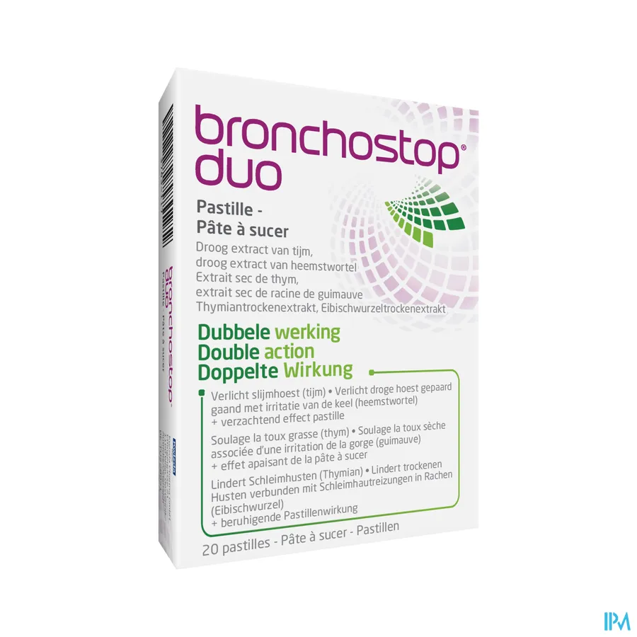 packshot van Bronchostop Duo met Droog Extract van Tijm en Heemstwortel met Dubbele Werking voor Verlichting van Slijmhoest en Droge Hoest 20 Zuigtabletten