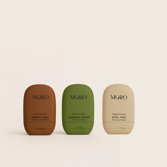 Moro Mini Hand Lotion Starterkit | Santal & Violet | Soft sand bottle pre-filled 50ml