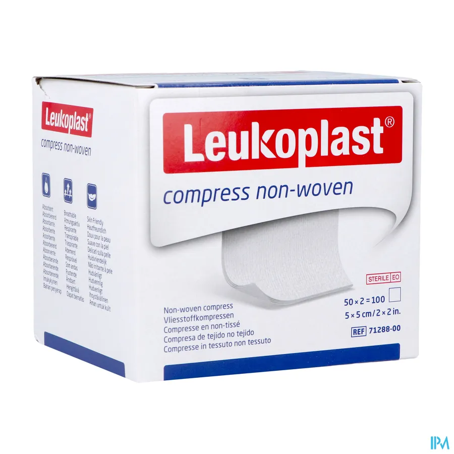 packshot van Leukoplast Vliesstofkompressen 5 cm x 5 cm 50 x 2 kompressen