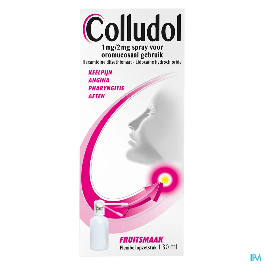 packshot van Colludol Spray voor Oromucosaal Gebruik met Fruitsmaak bij Keelpijn, Angina, Pharyngitis en Aften 30 ml