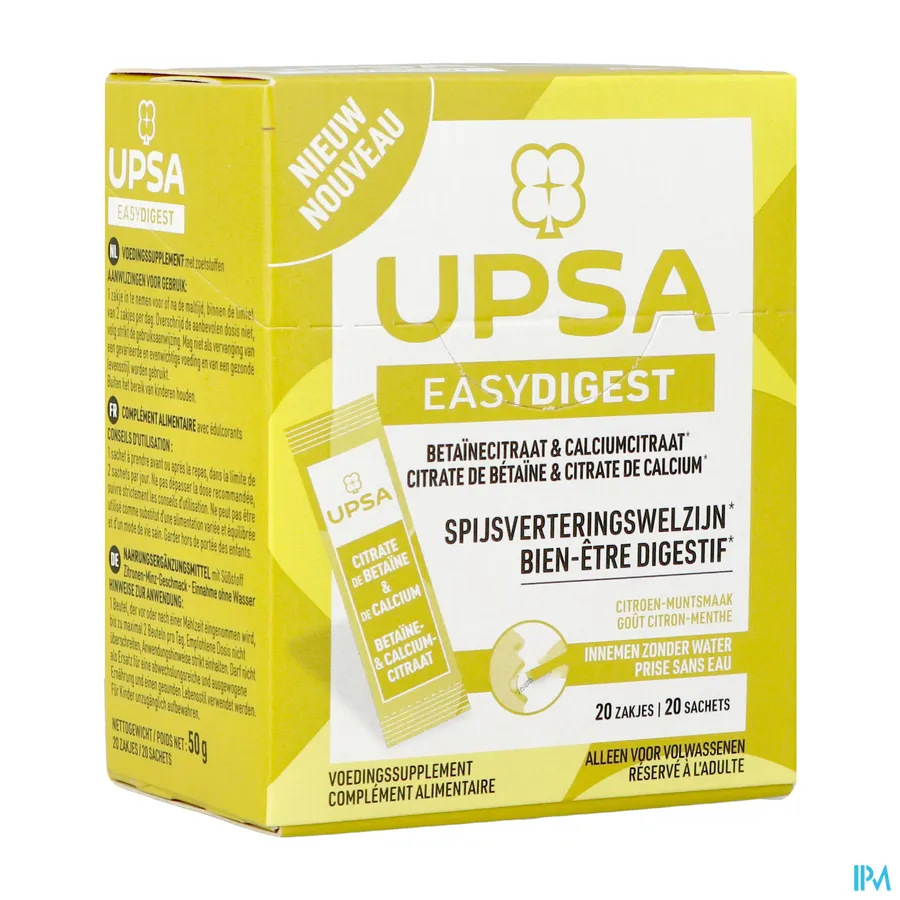 packshot van UPSA Easy Digest Betaïnecitraat & Calciumcitraat 20 Zakjes