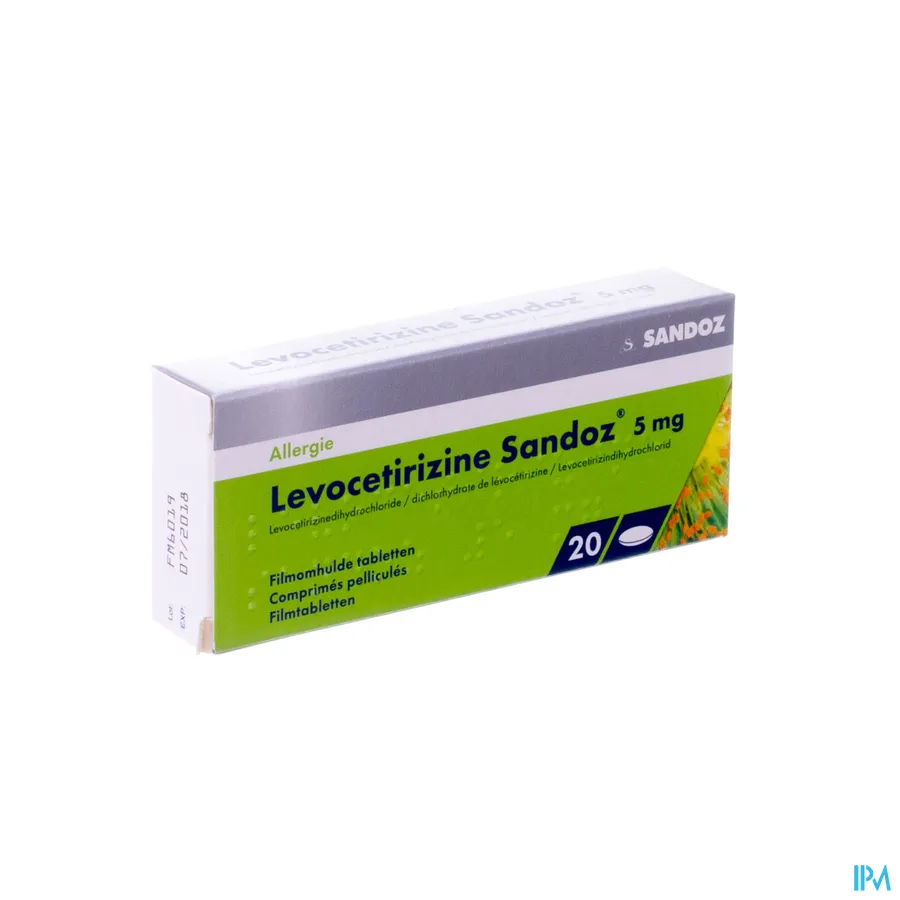 packshot van Levocetirizine Sandoz 5 mg 20 tabletten