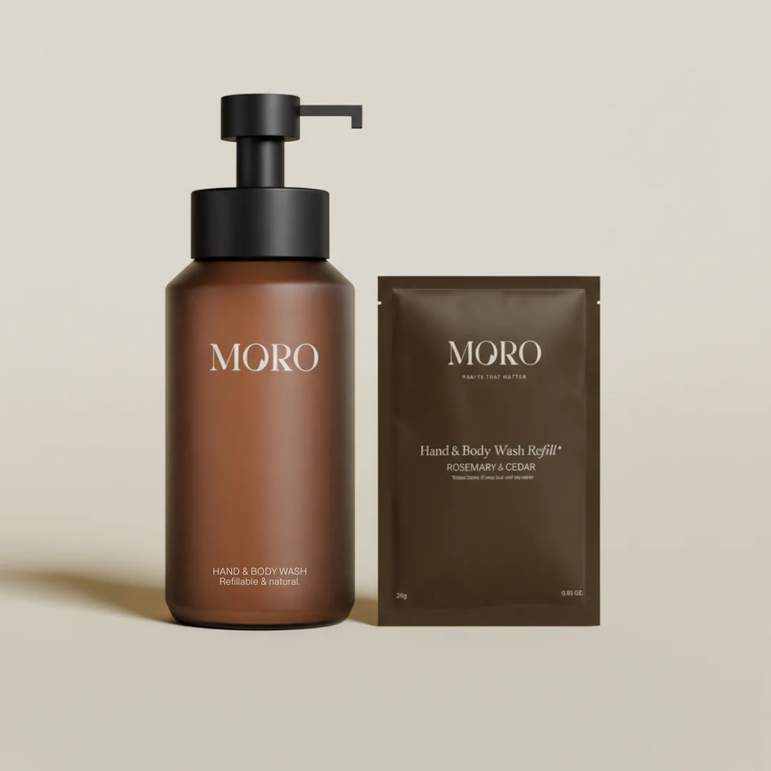 Moro Hand & Body Wash Starterkit | Rosemary & Cedar | Apothecary brown bottle 250ml + 1 refill 50g