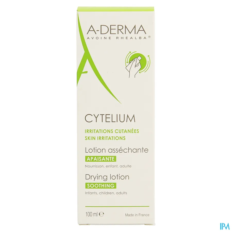packshot van Aderma Cytelium Verzachtende Uitdrogende Lotion bij Geïrriteerde Huid die Gemakkelijk Verweekt voor Gelaat en Lichaam Flacon 100 ml