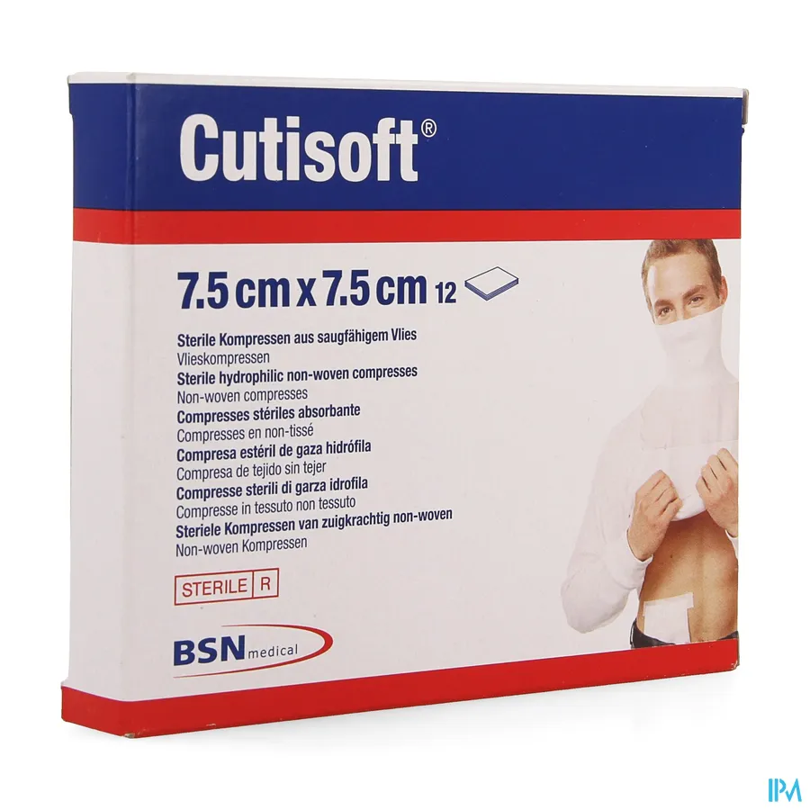 packshot van Cutisoft Steriel Vlieskompres 7,5 cm x 7,5 cm 12 stuks