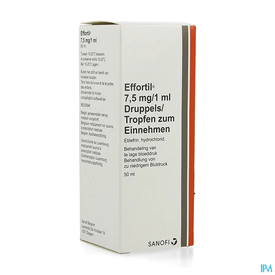 packshot van Effortil Druppels 7,5 mg/ml voor Behandeling van te Lage Bloeddruk 50 ml