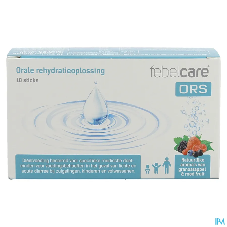 packshot van Febelcare ORS Orale Rehydratatieoplossing met Natuurlijke Aroma's van Granaatappel en Rood Fruit 10 Sticks