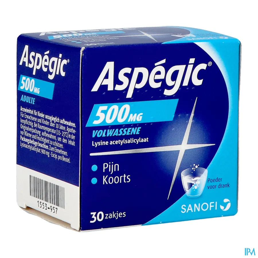 packshot van Aspégic 500 mg bij Pijn en Koorts 30 Zakjes