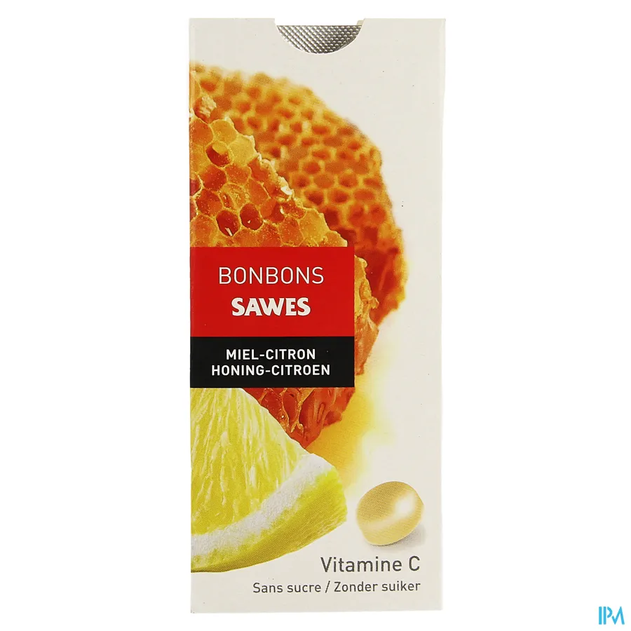 packshot van Sawes Honing en Citroen Bonbons met Vitamine C zonder Suiker 10 Stuks