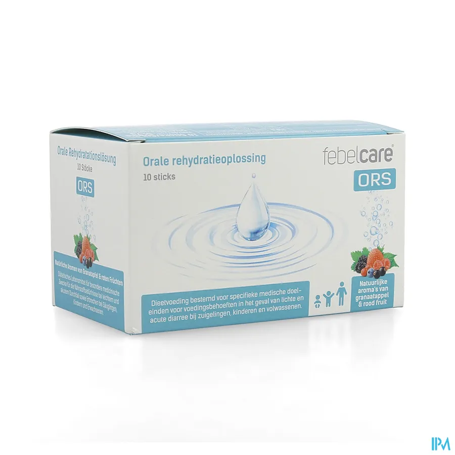 packshot van Febelcare ORS Orale Rehydratatieoplossing met Natuurlijke Aroma's van Granaatappel en Rood Fruit 10 Sticks